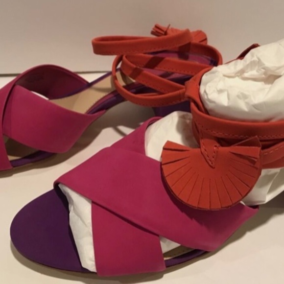 New- Brian Atwood Astor Retro Colorblock Lace Up Sandals Pink Suede Heels Size 6 - Picture 5 of 9